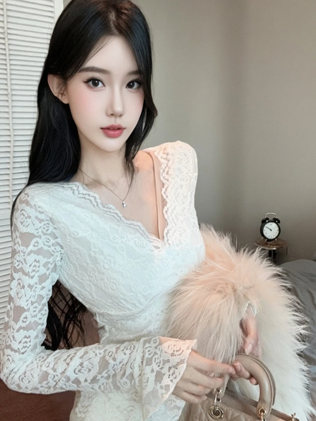 

Elegant V-Neck Long Sleeve Slimming Top Lace Splicing Base Layer Shirt Women's Fashion Autumn Winter French Style Standard Fit