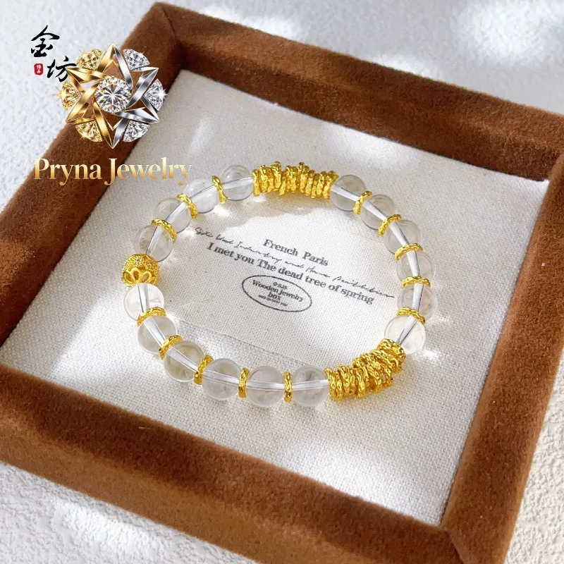 Pryna Jewelry   Ancient method 9999 24K real gold disk-wrapped running ring white crystal bracelet spacer DIY original design ve