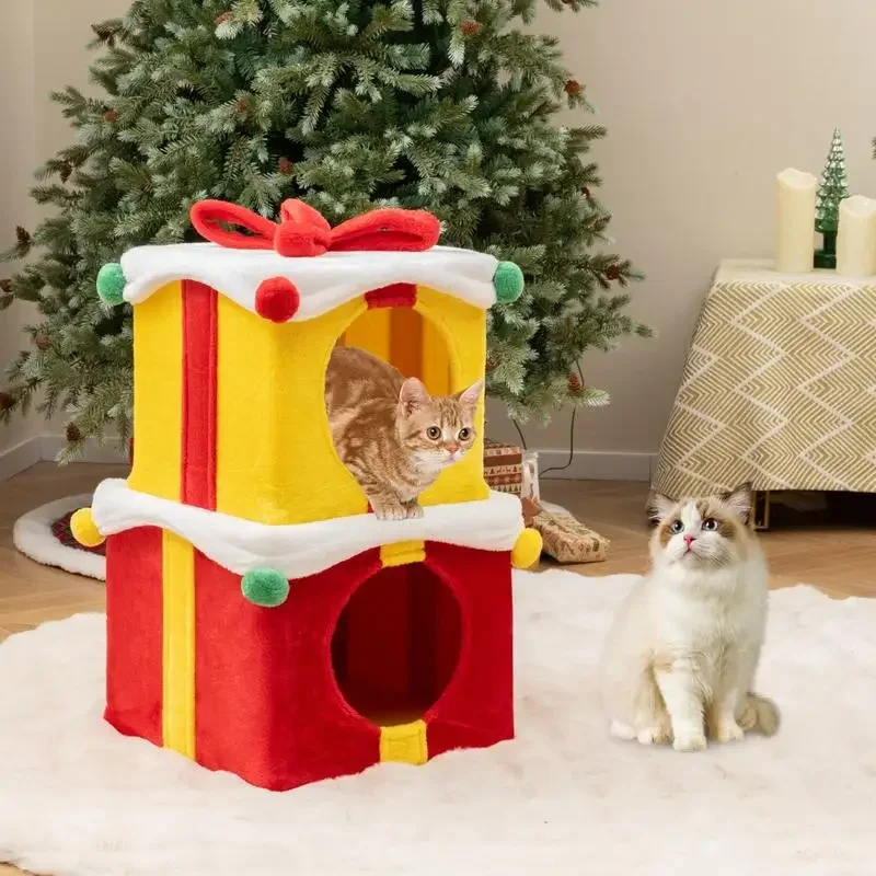 

2 Gift Box Shaped Cute Christmas Cat House with Bow-Multicolor