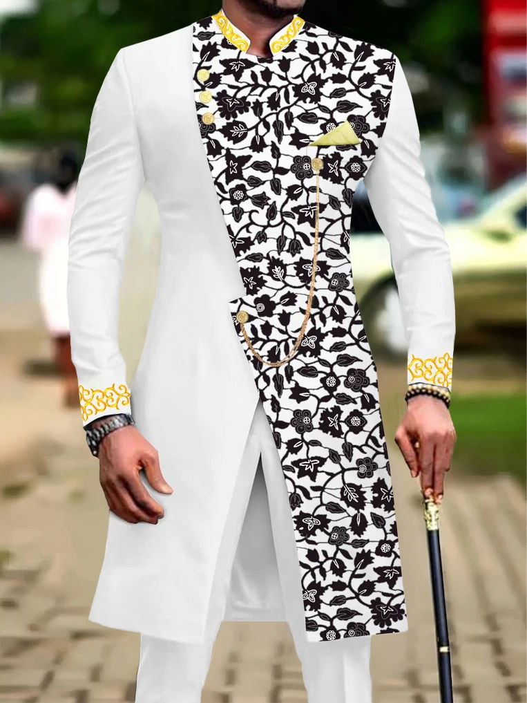 

Men's casual two-piece suit set with long sleeves, mid-length jacket and trousers.