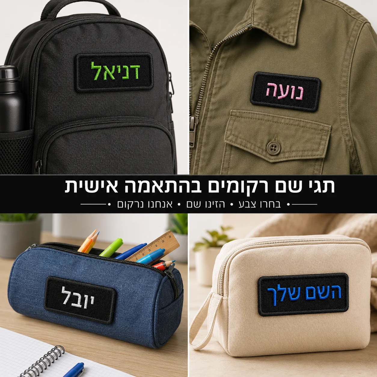 Custom Hebrew Name Patch Personalized Embroidered Text Hook and Loop Badge for Uniforms Jackets Backpacks Workwear Team Gear