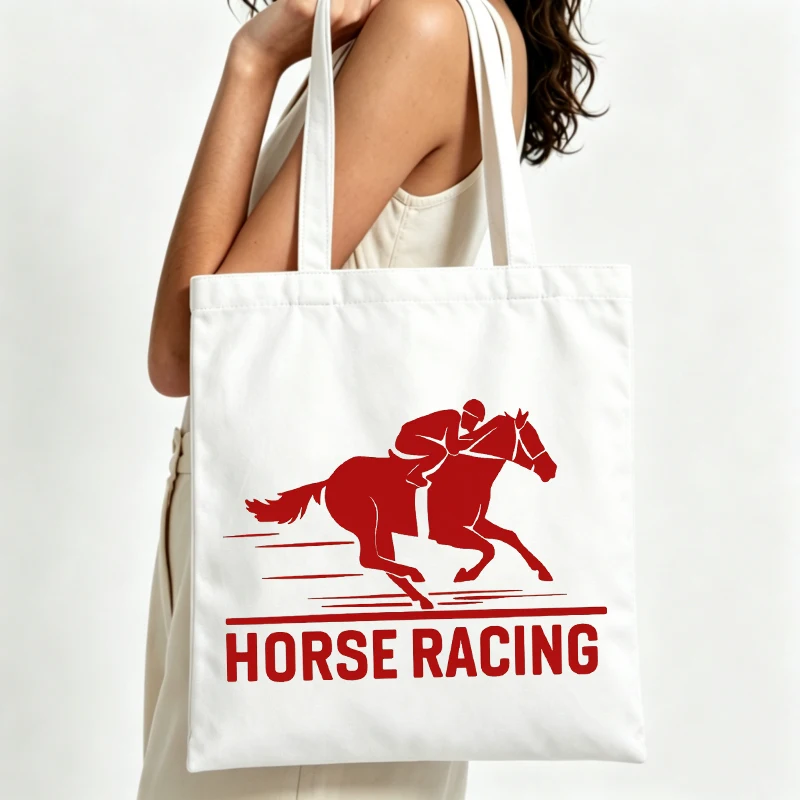 Women's horse racing graphic canvas tote bag, casual style for daily shopping and outdoor outings