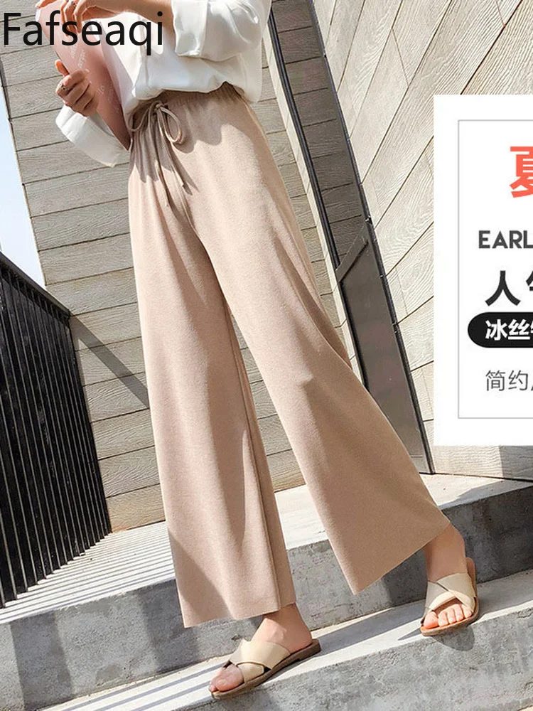 Basic Summer Wide Leg Trousers Women Elesitc Waist Long Ice Silk Pants Casual Loose Lace Up Soft Female Slacks Straight Pants