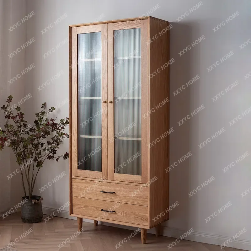 M183  Solid Wood Bookcase Locker Oak Log Glass Double Door with Drawing Display Cabinet