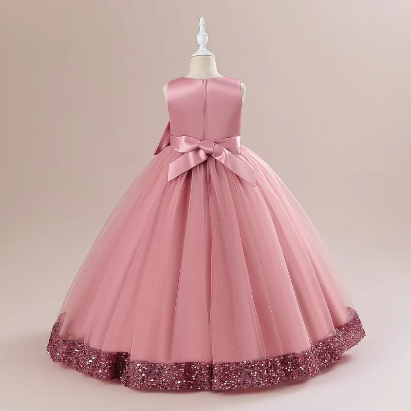 2024 neue Kinder Prinzessin Kleid mit Taille Schleife und Pailletten Mesh flauschige Prinzessin lange Kleid Festzug Kleider für Mädchen Hochzeiten