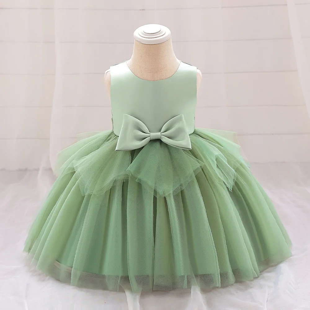 

New Product Bow Irregular Mesh Puffy Skirt Sleeveless Wedding Flower Girl Family Gathering School Performance Dress