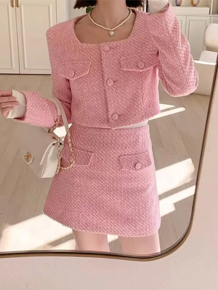 UNXX Woolen Jacket High Waist Short Skirt Sets Women Elegant Retro Pink Short Coat & Skirt Two Piece Suits Autumn Tweed Outfits