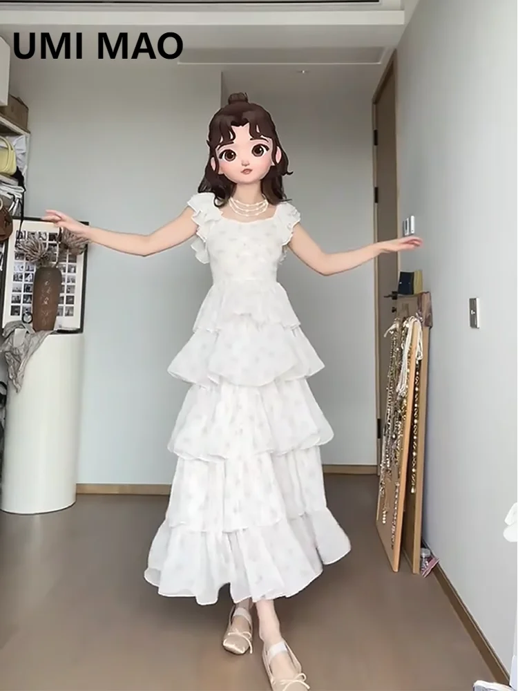 

UMI MAO French Romantic Dress Elegant 2024 New Summer Unique Beautiful Forest Style White Sleeveless Cake Dress