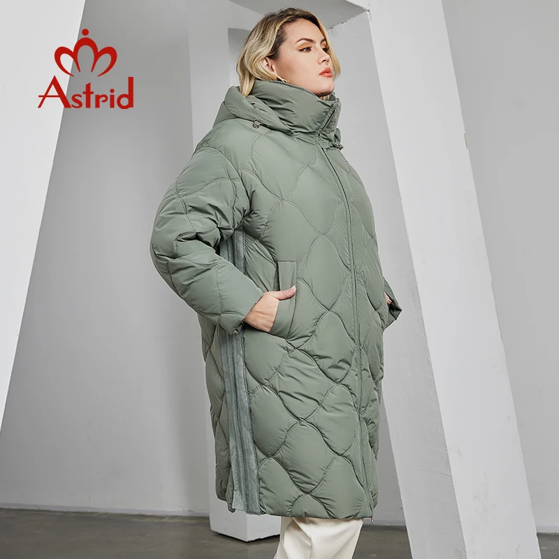 Astrid Damska kurtka zimowa 2023, Plus Size Damska parka Ciepłe, grube kurtki puchowe Wiatroodporny, długi, pikowany płaszcz z kapturem Kobieta