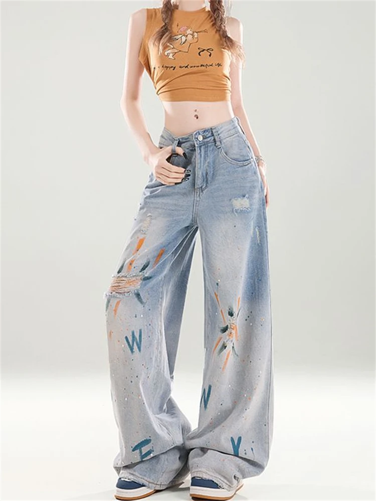 

Women's Hole Breaking Graffiti High Waisted Thin Jeans Street Wide Legs Trousers Girl Casual Style Bottoms Female Denim Pants