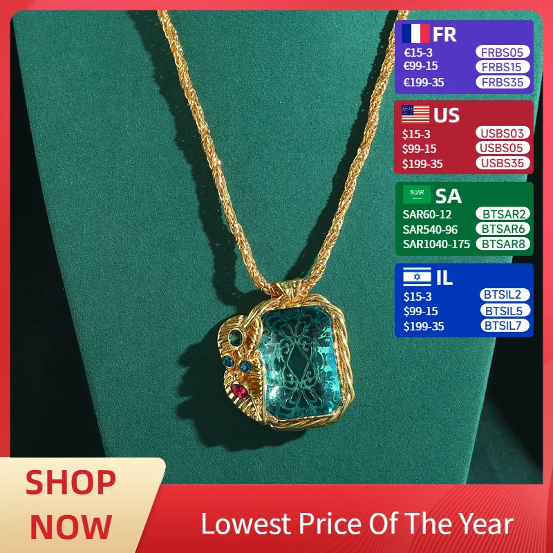 

Vintage Square Blue Crystal Pendant Necklace Snake Bone Chain Transparent Yellow Glass Block Pink Blue Women Antique Jewelry
