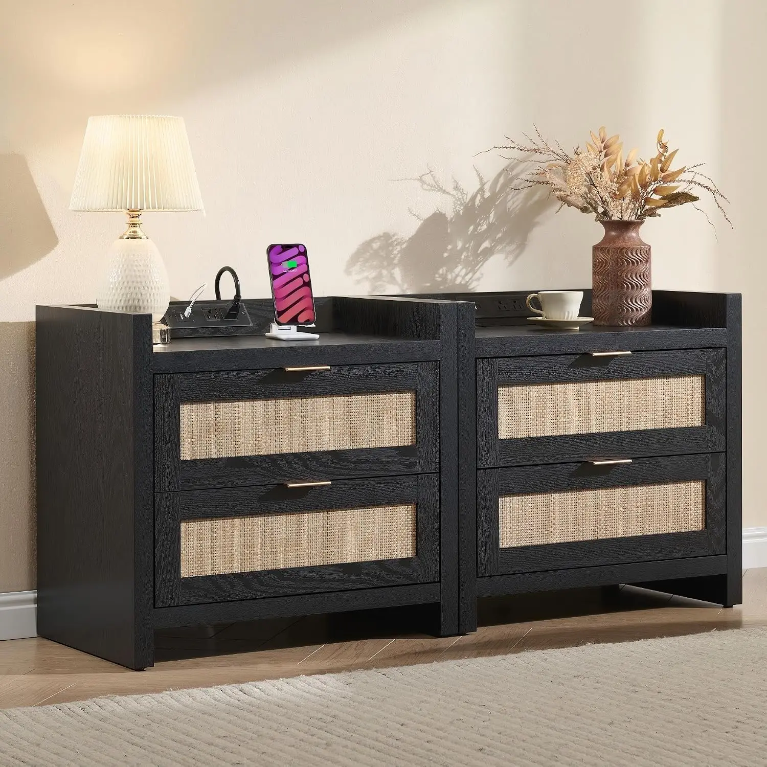 Rattan Nightstands Set of 2 : Bedside Table with 2 Large Drawers, Customized
