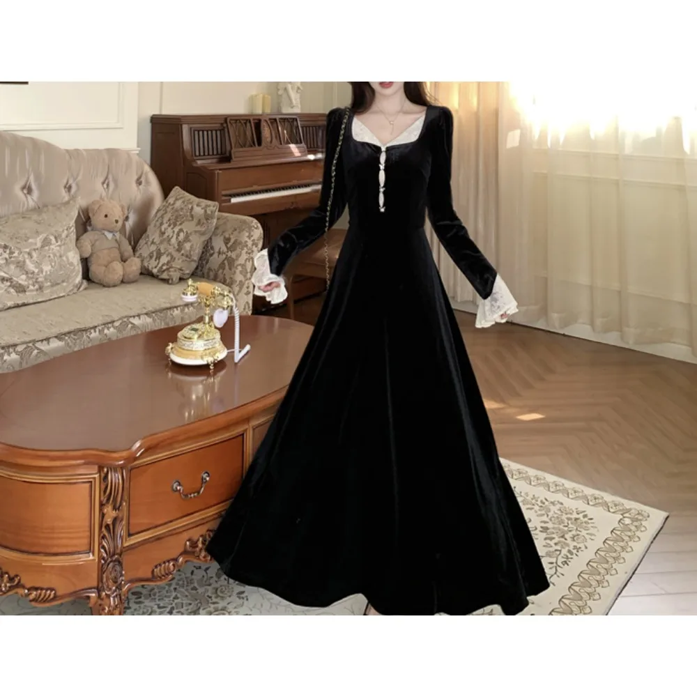 

Повседневные элегантные лоскутные кружевные велюровые осенние платья, вечерняя уличная женская одежда больших размеров