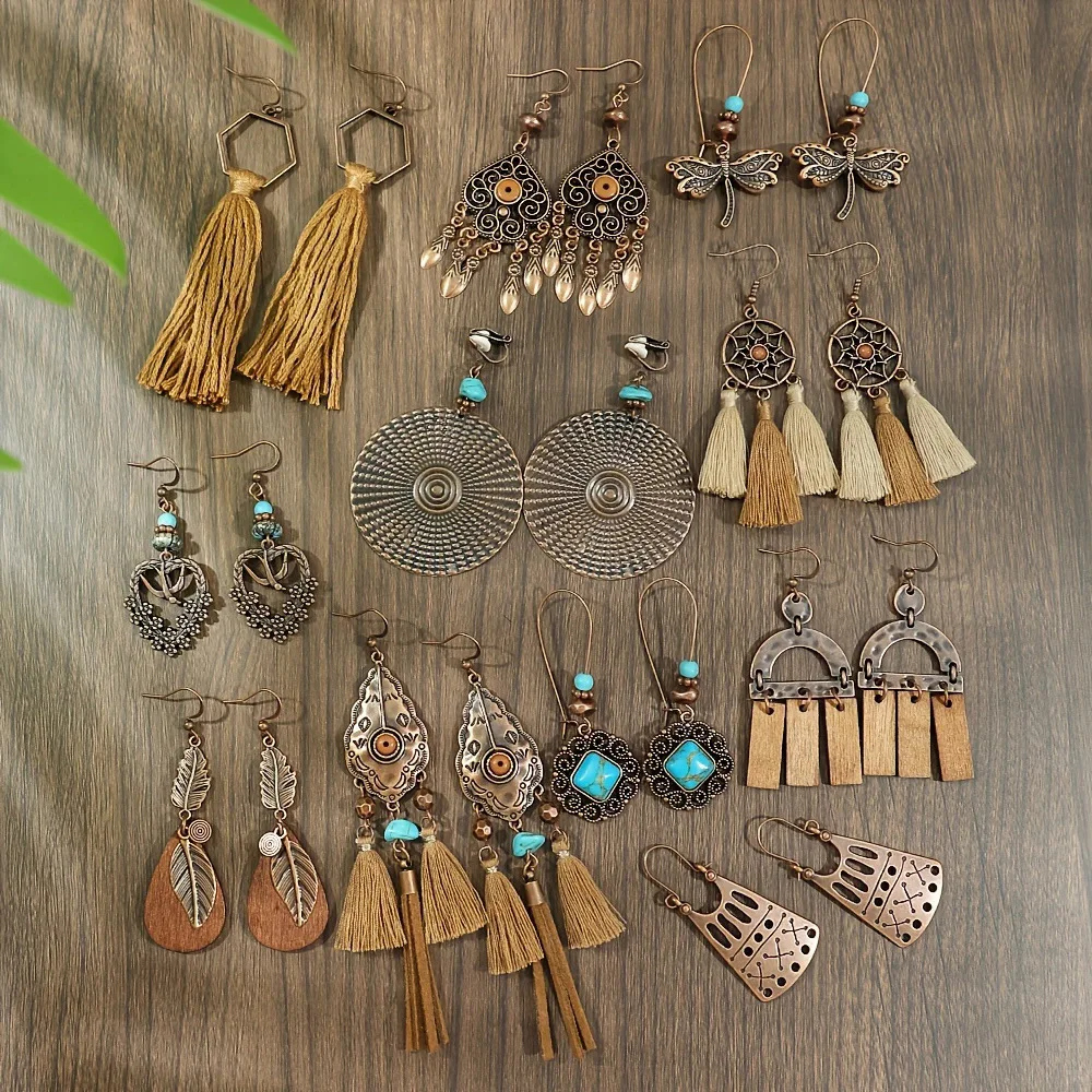 Vintage ethnische geometrische braune Tropfenohrringe für Frauen, elegante Persönlichkeit, Urlaub, lässig, täglich, Ohrringe, Boho-Schmuck – Detail 3
