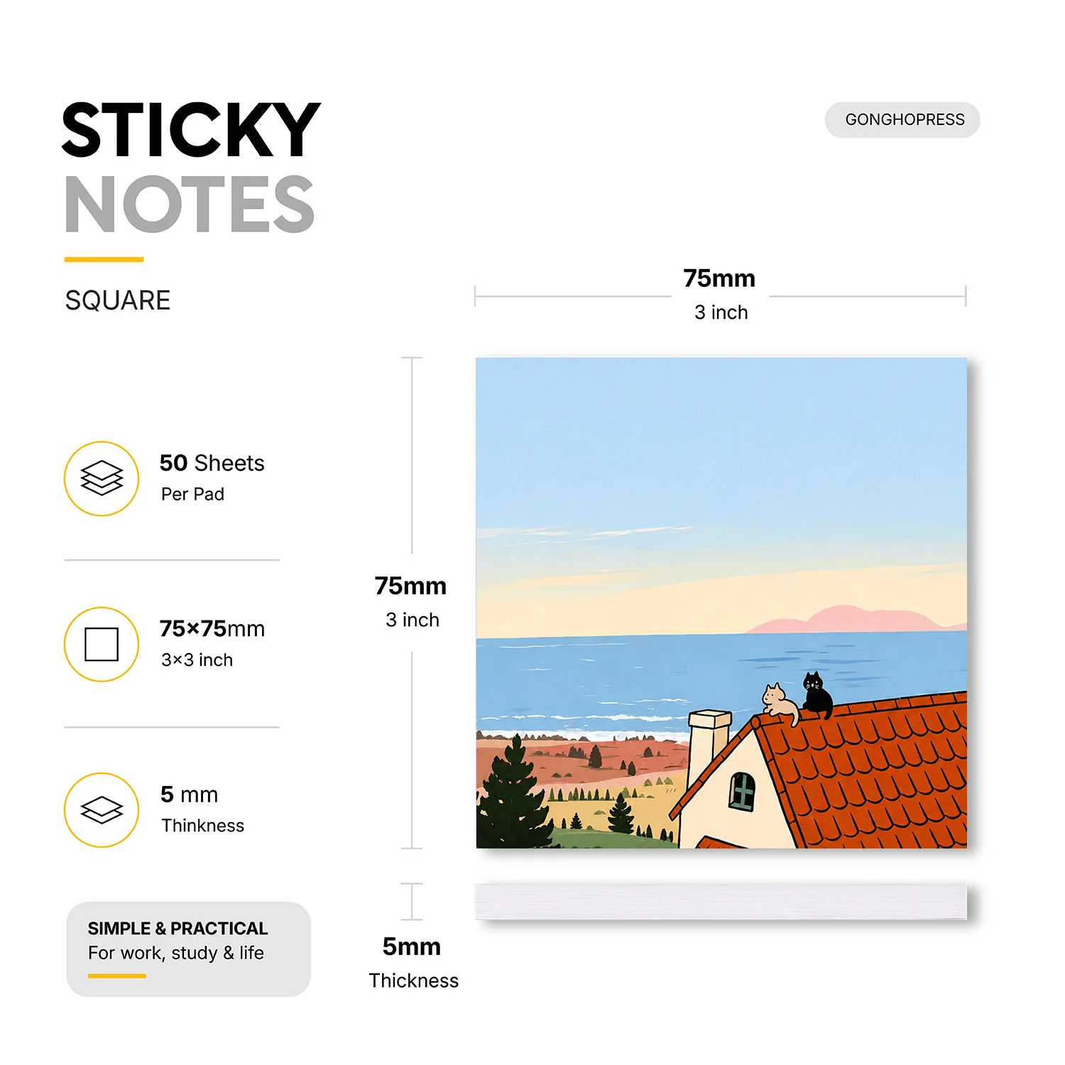 2pcs Cute Cat Sticky Notes Set, Seaside Rooftop Landscape Aesthetic Self Stick Memo Pads, 100 Sheets Total, Cartoon Animal Scene