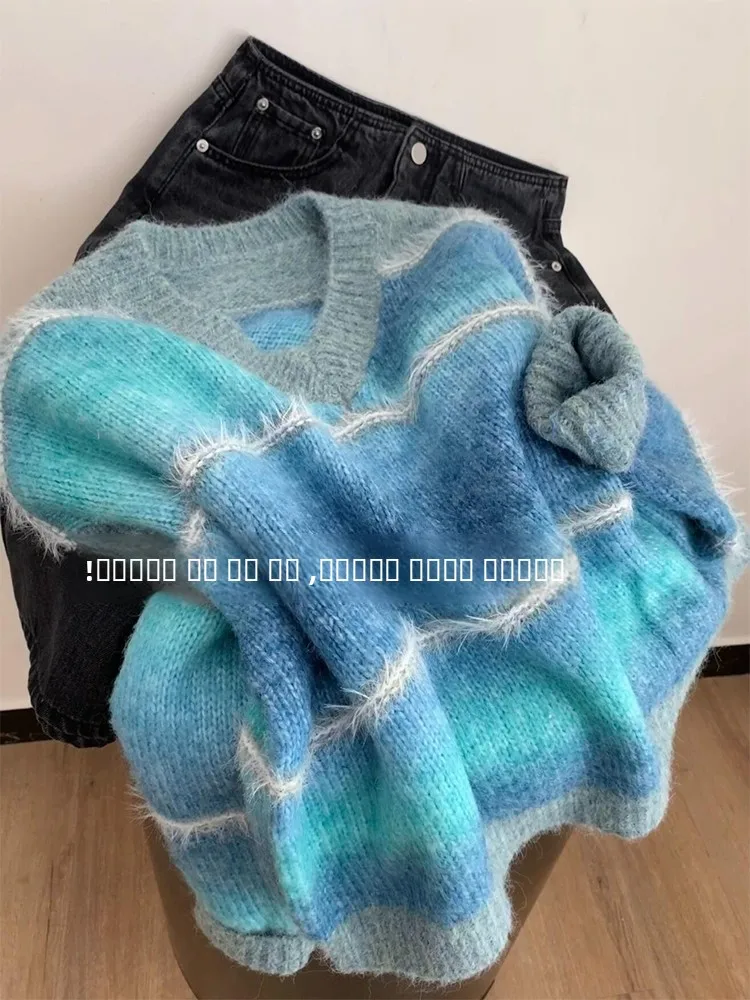 

Soft adient V-Ne Sweater Women's Loose Knitted Top Autumn Winter Thi Warm Fluffy Lazy Sle adual Color Sweater