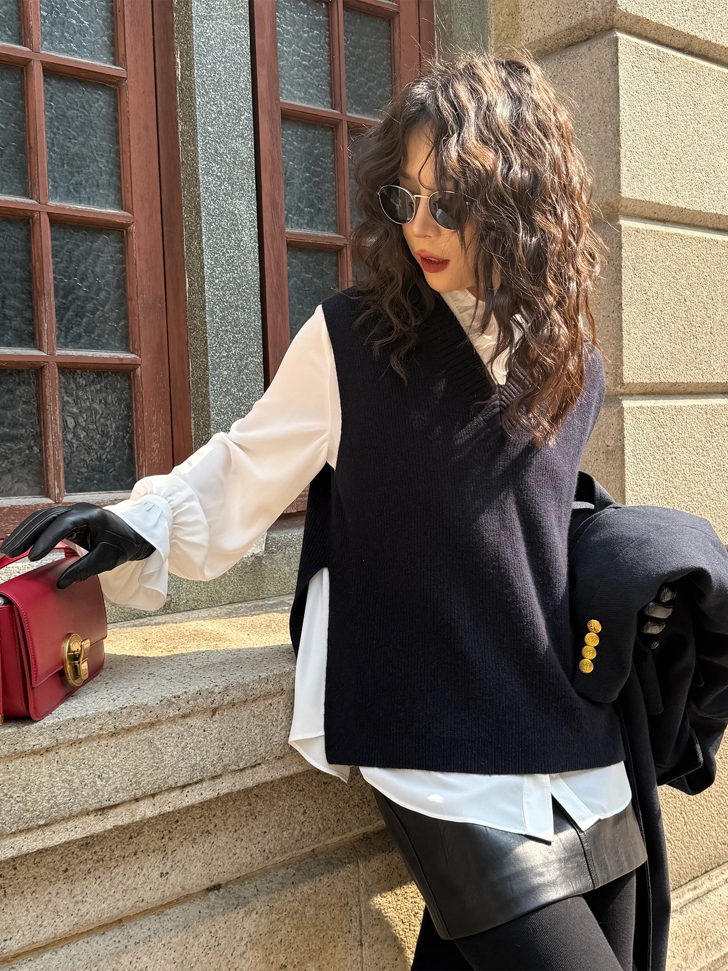 

Nana Tall Women's Knitted Wool Blend Vest DMXV Collar Svel Slim Fit Outerwear V-ne Casual Pure Color Spring Season