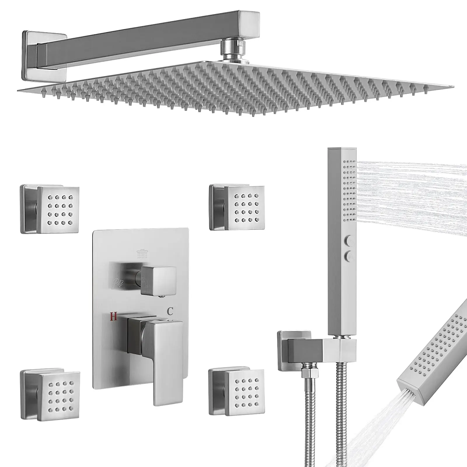 

12 Inch Rainfall Shower System With 4 Body Jets And 2 In 1 Handheld Spray Wall Mounted