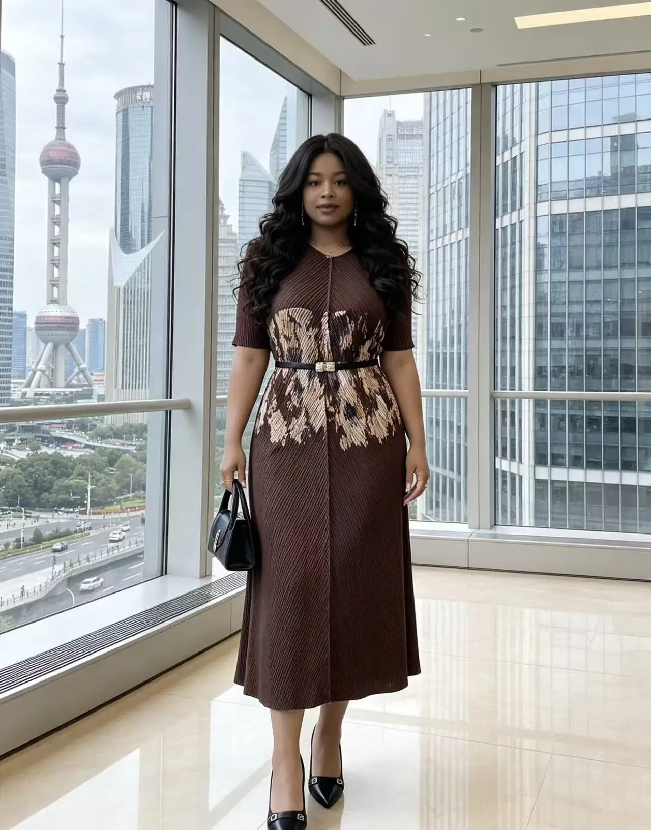 

Miyake Loose Dress Women's New Fashionable Slim-fitting V-neck Printed Pleated Casual Splicing Dress