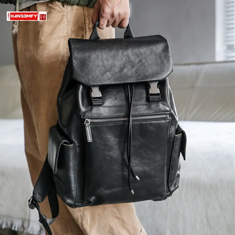 

2024 New Leather Men's Backpack Shoulders Soft Black Cowhide Large Capacity Leisure All Fashion Computer Bag Travel Backpacks