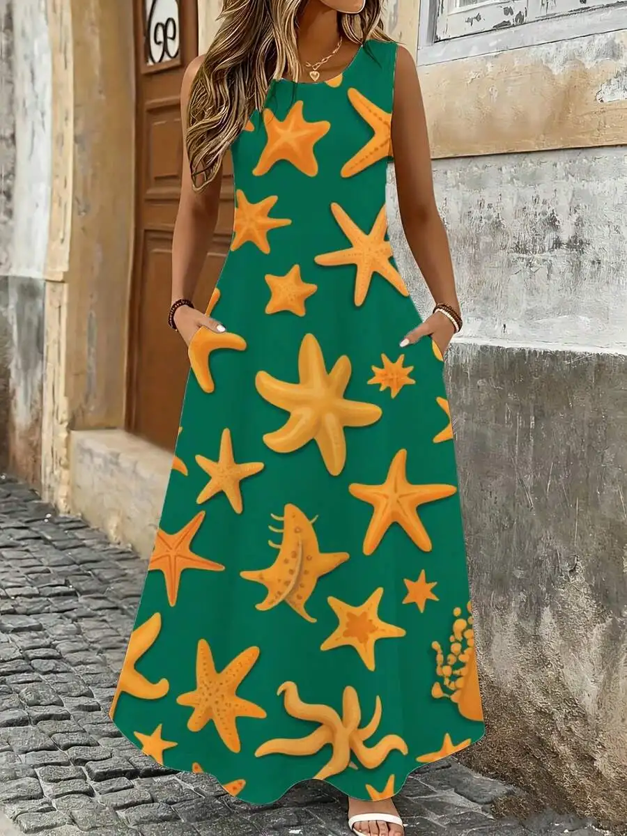 

Sleeveless Maxi Dress Green Starfish Sea Creatures Print Summer Beach Vacation Outfit