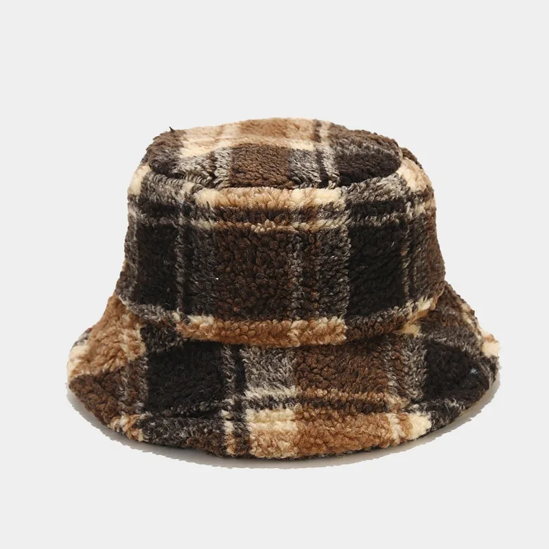 Autumn Winter Polyester Plaid Warm Thicken Bucket Hat Fisherman Outdoor Travel Cap For Men And Women 199