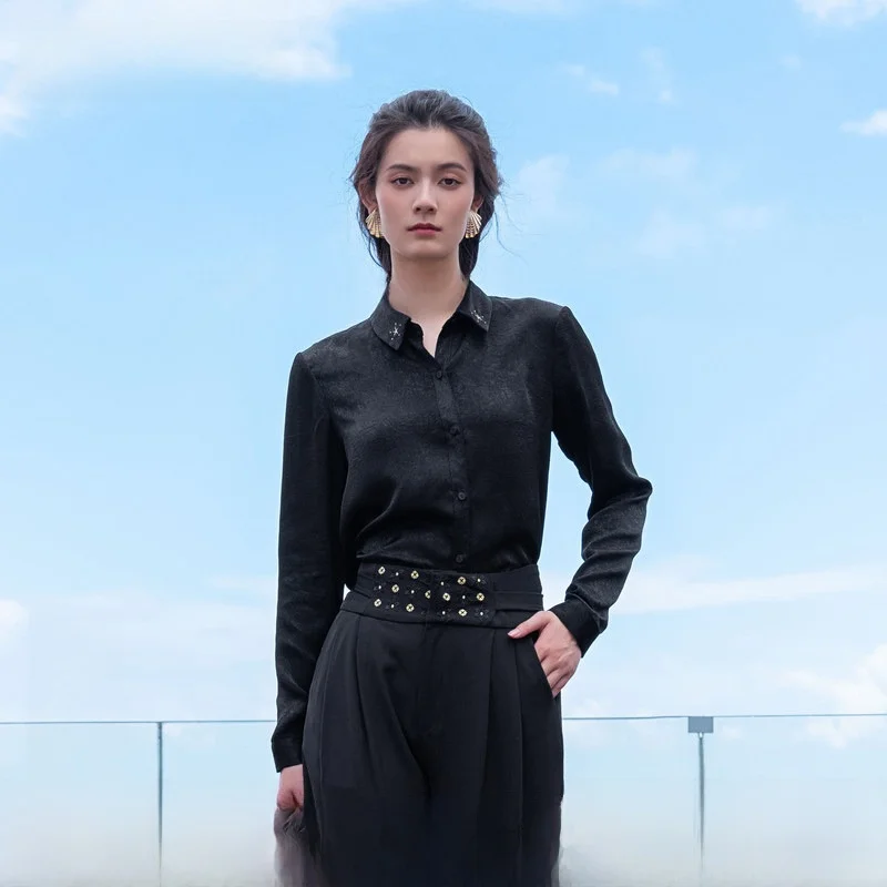 

New Autumn Winter Women's irt Floral Embroidery Turn-down Collar Loose Fit Regular Length Long Sve Pure Color Polyester ...