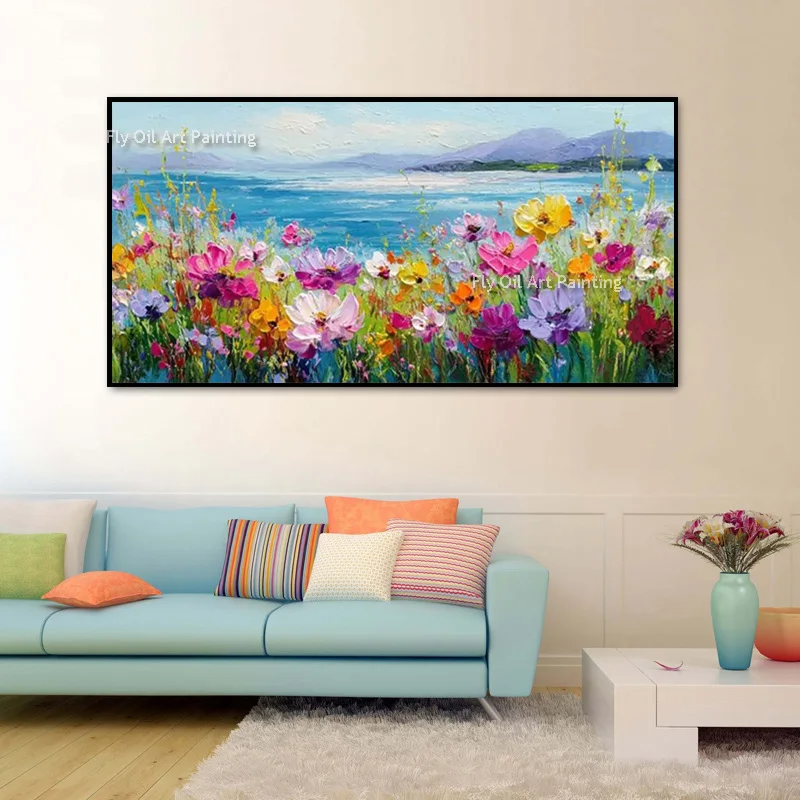 Red Pink Blooming Flowers By The Sea Landscape Oil Painting New Handmade Fashion Beige Green Beaches Home Wall Art Decor Items