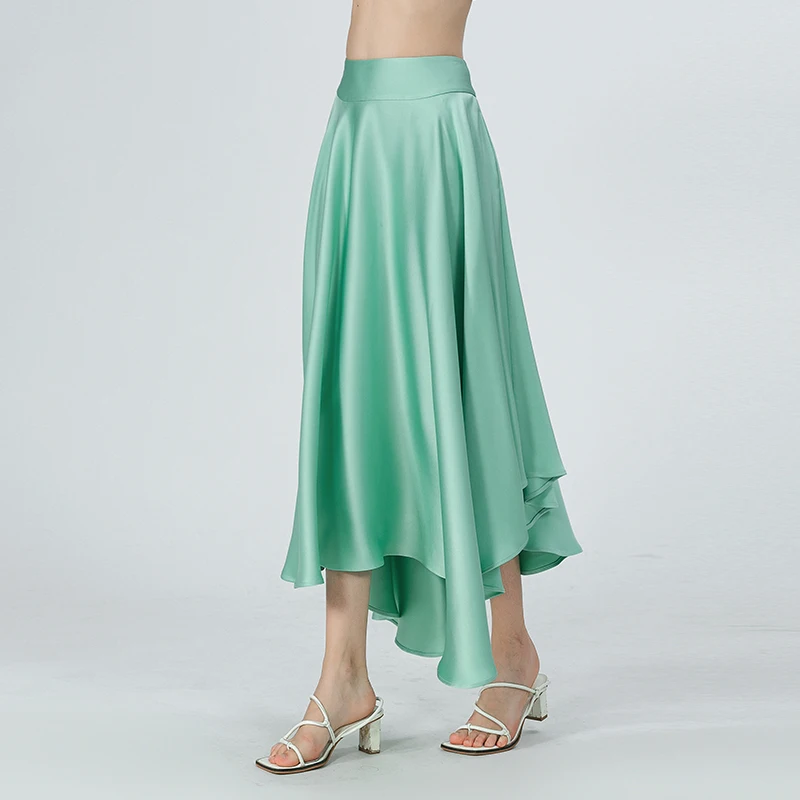 

Mint Green 40 Momme Double Sided Satin Smooth Heavy Silk Streetwear Asymmetrical Natural Waist Swing Elegant Skirt CE192