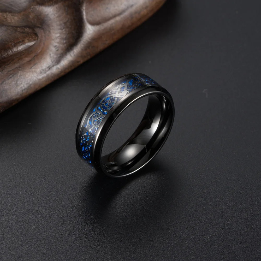 Punk Viking Dragon Set di fedi nuziali in tungsteno nero per uomo anello a fascia in fibra di carbonio blu intarsiato in acciaio inossidabile Bague