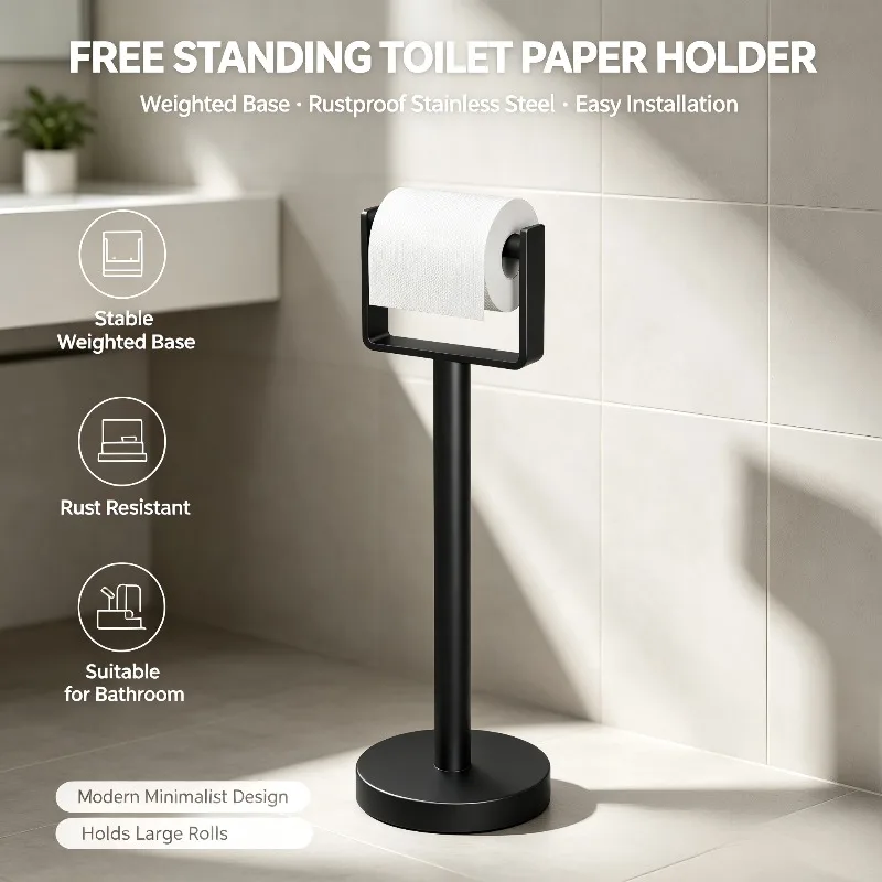 Stainless Steel Floor Standing Toilet Paper Holder, Heavy Duty Weighted Base Tissue Rack, Bathroom Freestanding Paper Roll Stand