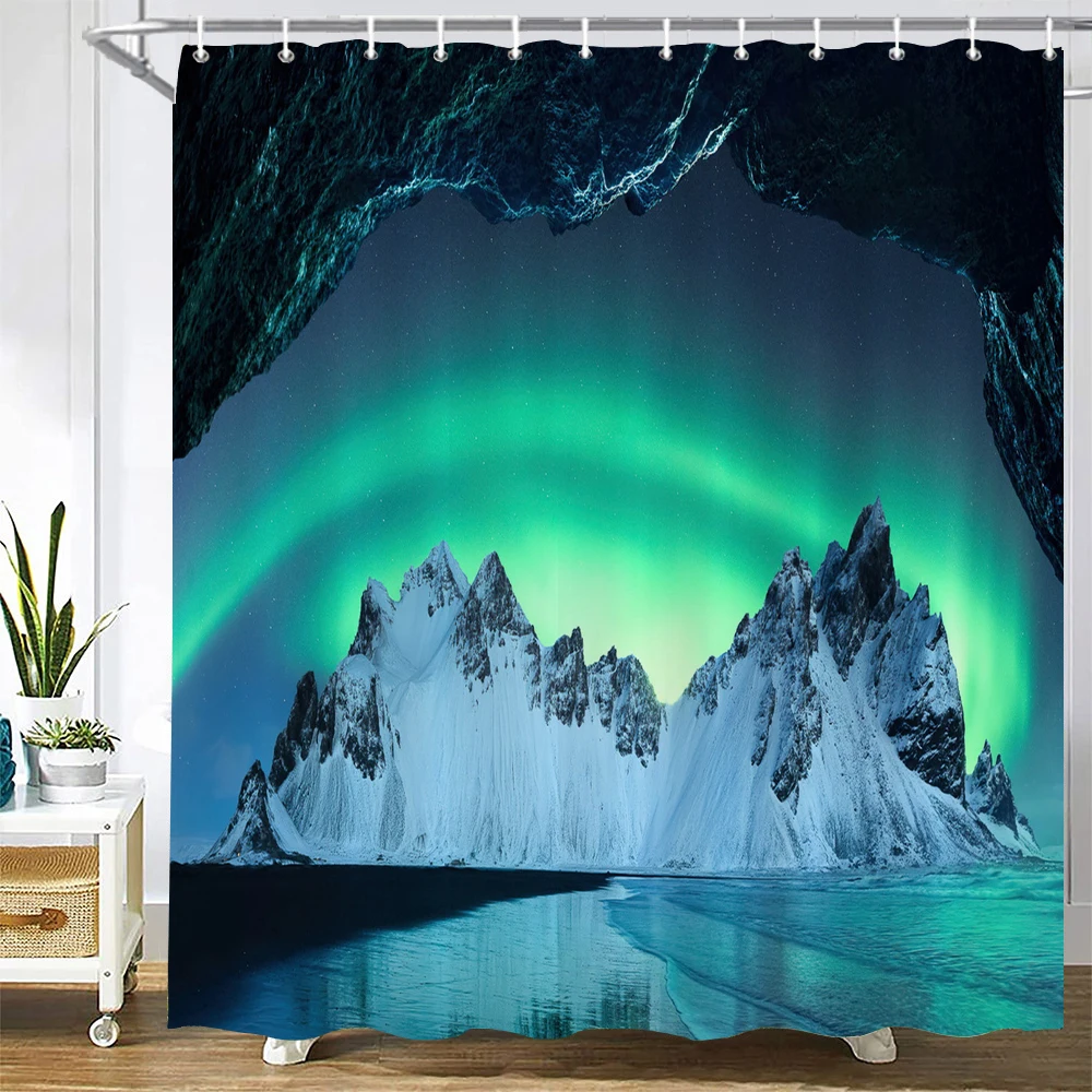 Night Starry Sky Aurora Landscape Fabric Shower Curtain Waterproof Polyester Bathroom Curtains Home Decorate Curtains with Hooks