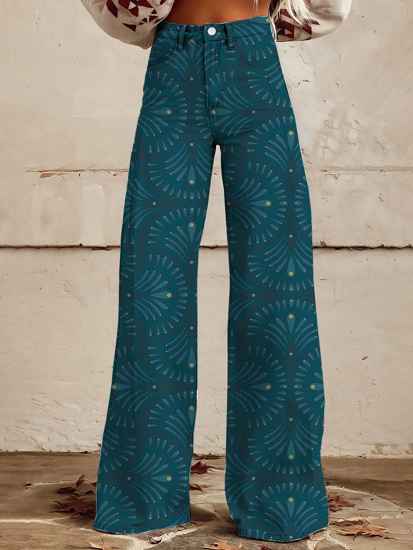 Ladies' casual jeans with colorful western prints , Retro fashion tie dye printed loose flared imitation jeans