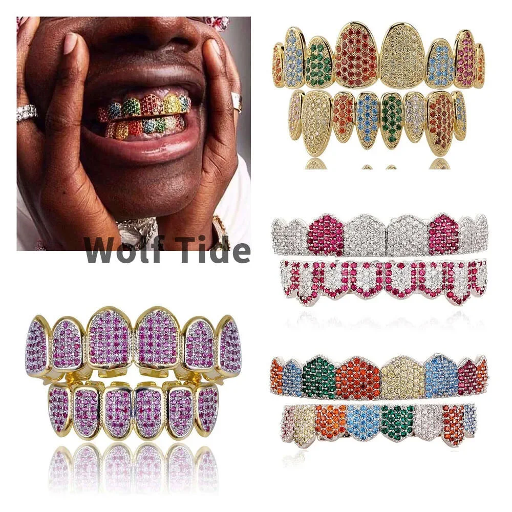 

Rose White Gold Vampire Grillz Fang Grills Colorful Diamond Cosplay Tooth Cap Dental Mouth Teeth Braces Halloween Jewelry