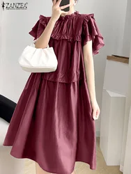 ZANZEA Women Summer Elegant Dress Vintage Pleating Ruffled Mini Robe 2024 Fashion Double Layer Sleeve Vestido Casual Loose Dress