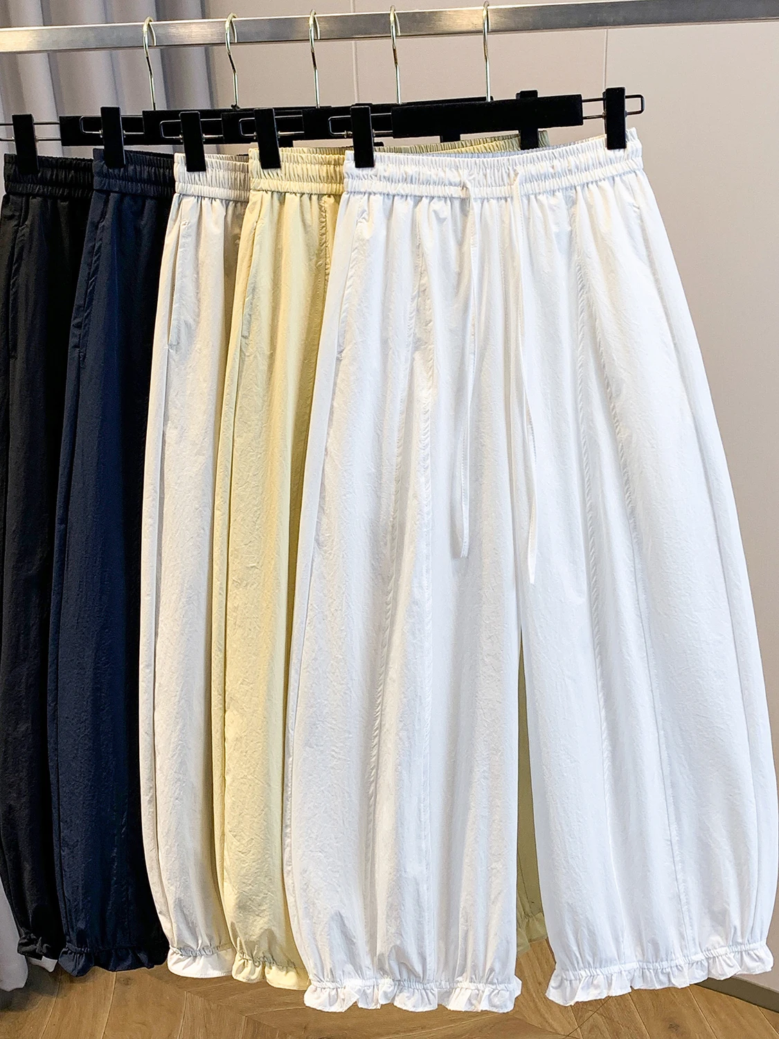 

Slimming High Waist Wide Leg Pants Pure Color Wooden Nine Points Elastic Waist Lantern Balloon Pants Summer New Sle