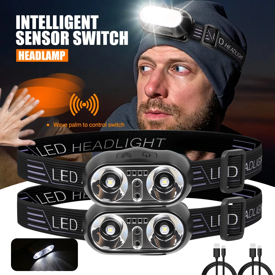 

Strong Light Headlamp Portable LED Sensor Headlamp USB Rechargeable Head Flashlight Outdoor Camping Fishing Emergency Lantern