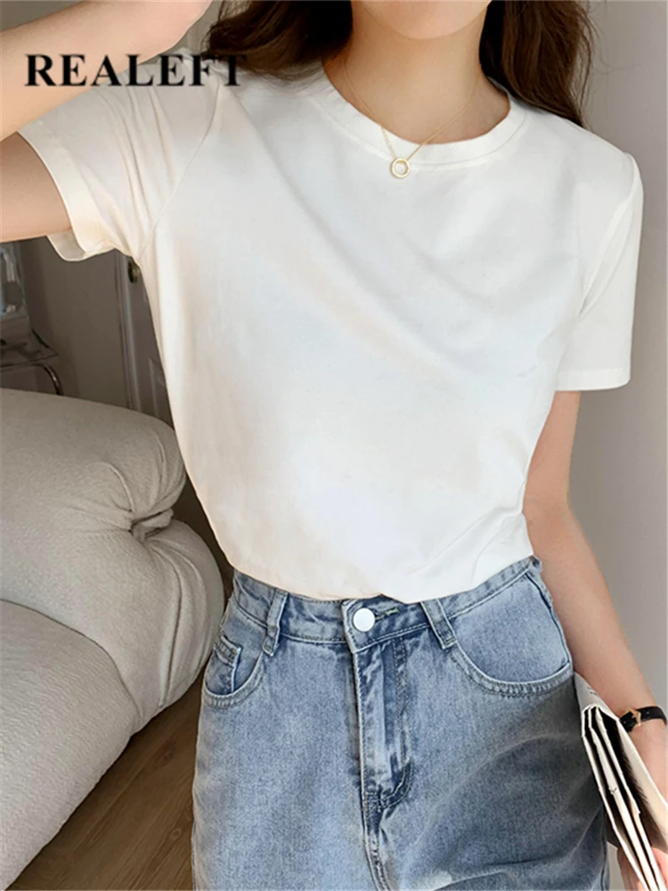 

REALEFT Summer Solid Loose Women's T-Shirts 2023 New Fashionable Short Sleeve Casual Shirts Female Knitting Bottom O-Neck Tops