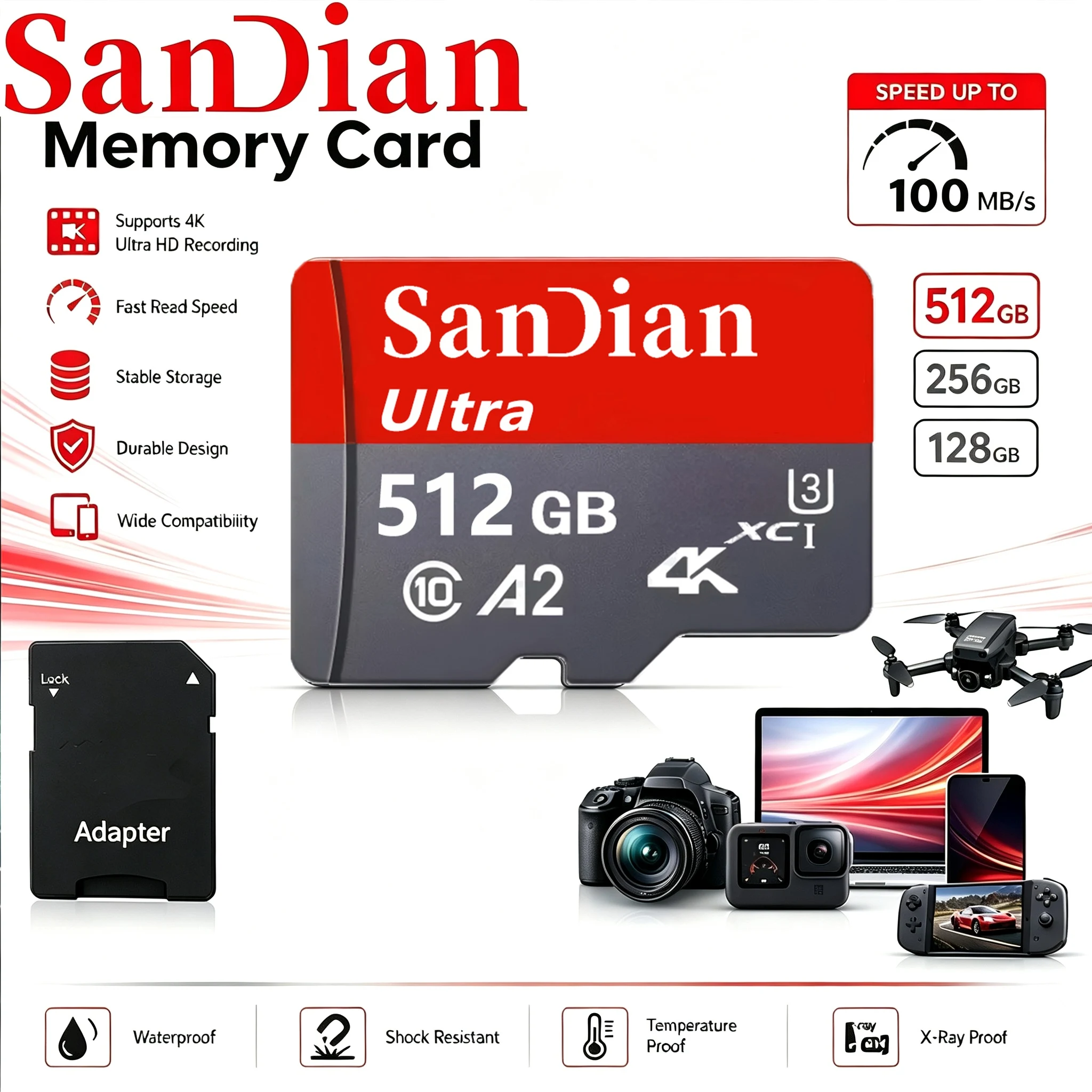 TF Cards 64GB 128GB Memory Card 512GB Micro TF SD Card 256GB SD Cards Dustproof A1 for GoPro/Drone/Nintendo Switch/E-Reader