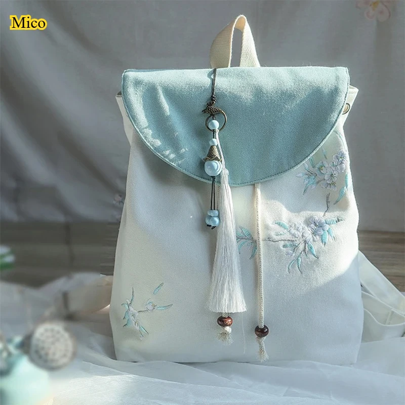 

Women's Chinese Style Embroidered Canvas Backpack, Multi-Pocket Large Capacity Storage Bag with Tassel Pendant