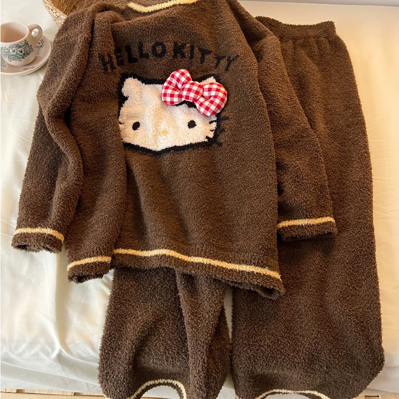 2024 cartoon Anime Hello kitty Pajamas Set Pants soft glutinous velvet pajamas winter thickened warm loungewear For Girl Women