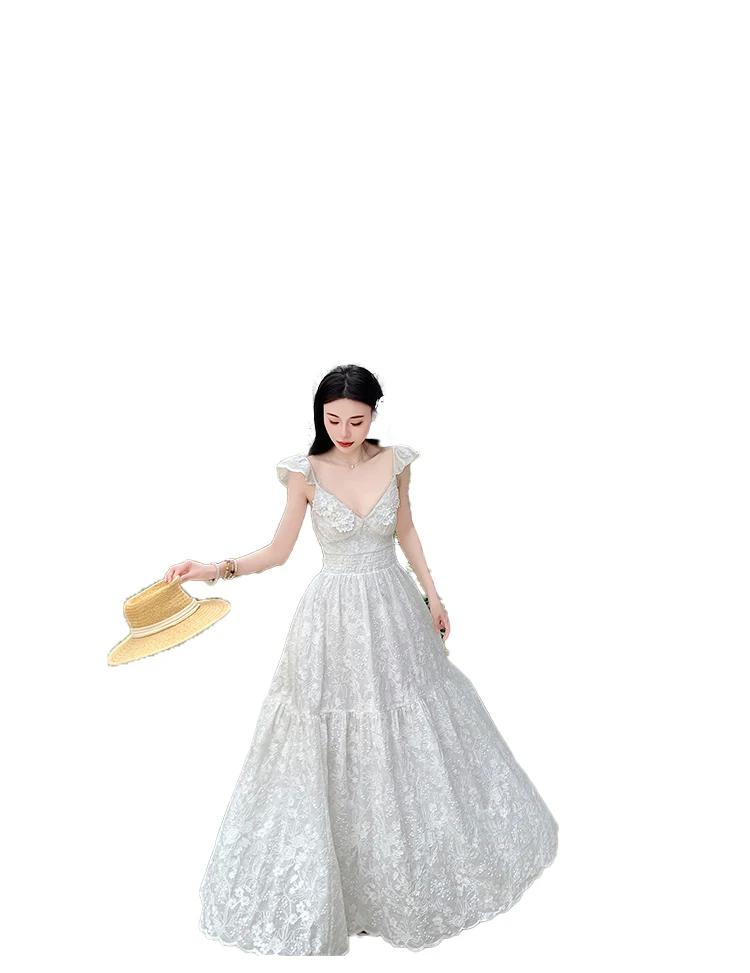 

Coigarsam Long Dress Women French Style Lace Spaghetti Strap V-Neck Off White Dresses