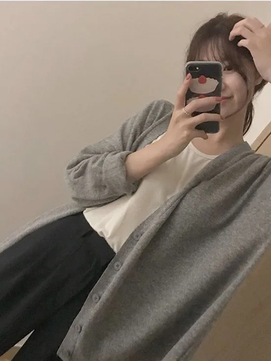 

Свободный вязаный кардиган с V-образным вырезом, женская осенняя верхняя одежда, мягкий корейский свитер с длинным светом, теплый повседневный модный свитер