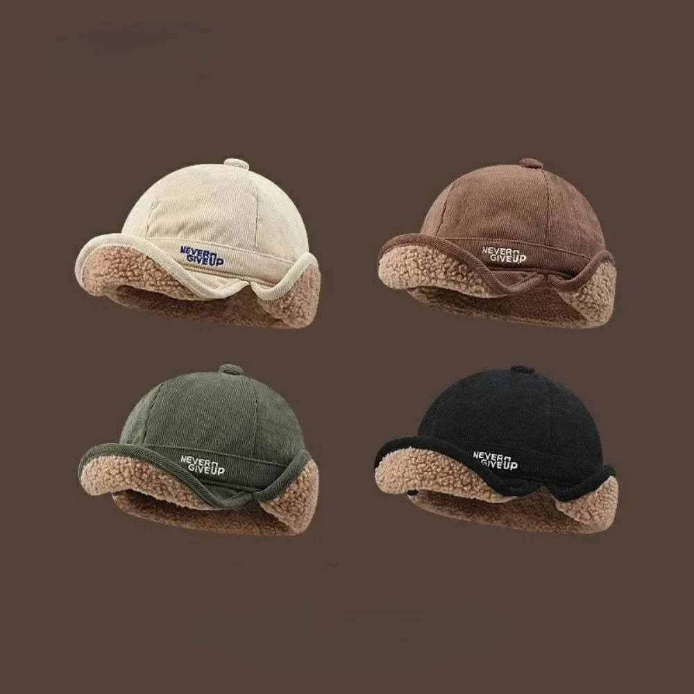 Lamb Wool Ear Protection Bomber Hat Lamb Velvet Thickened Warm Duck Tongue Ear Protection Trendy Men Short Brimmed Pilot Caps