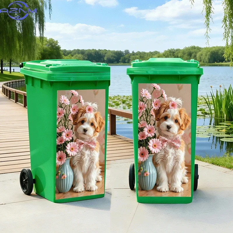 2D Flat Printing 1pc Trash Can Sticker, Cute Dog with Flowers Theme Design, Self-Adhesive Wall Decal for Kitchen Trash Can Dec