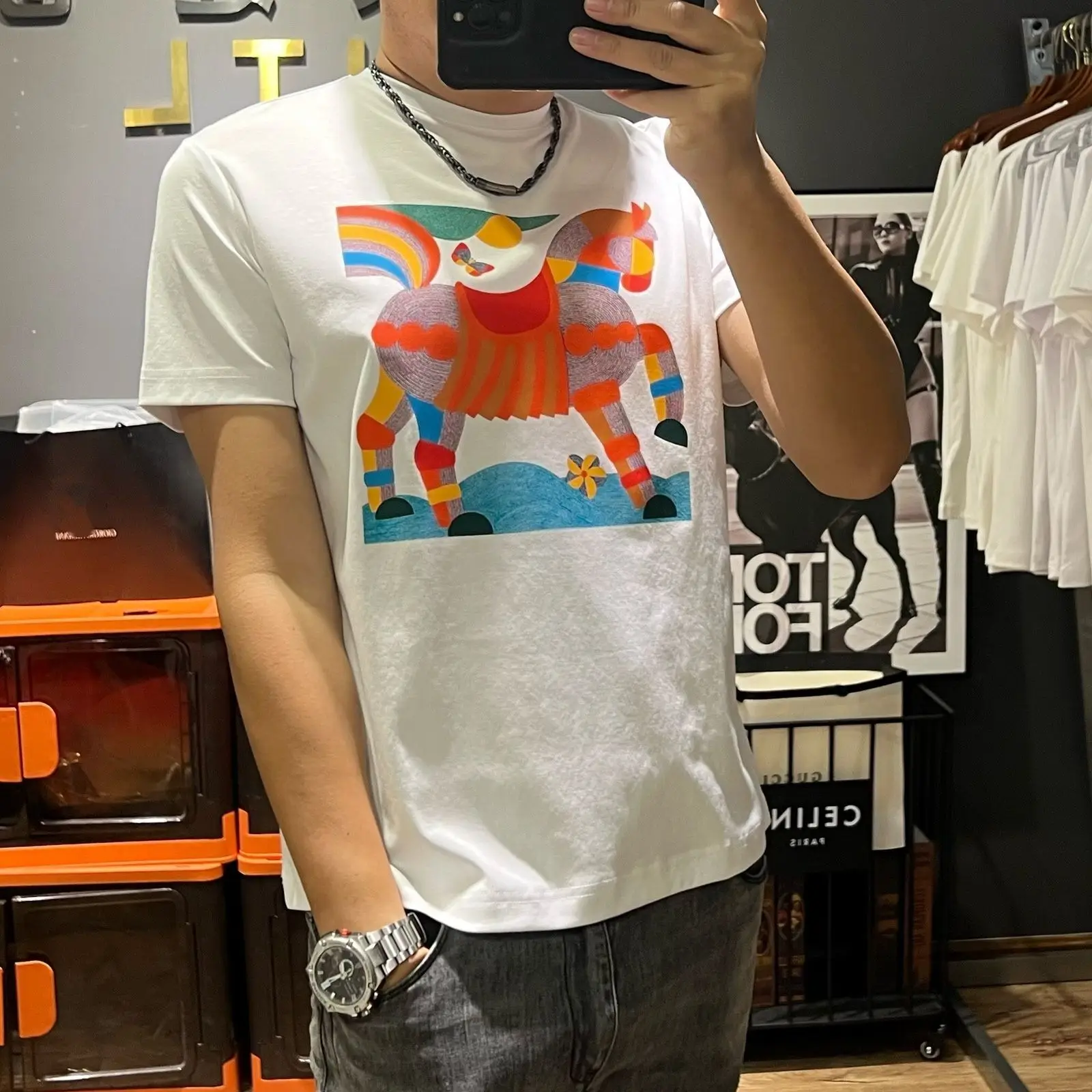 

Модная брендовая футболка из мерсеризованного хлопка с короткими рукавами в европейском стиле, мужская летняя молодежная футболка с круглым вырезом и половиной рукава