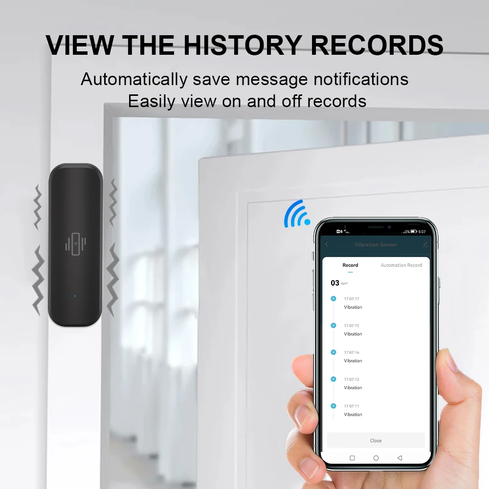 ONENUO Tuya Smart Home WiFi Vibration Sensor Detection APP Notification Real-Time Motion Shock Alarm History Record Security