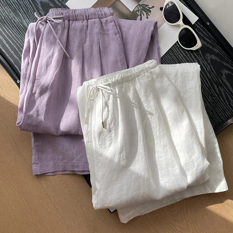 Women Solid Wide Leg Pants Cotton Linen Trousers Full Lenth Mid Elstic Waist Slight Strech Loose Office Lady Casual 2026 Summer