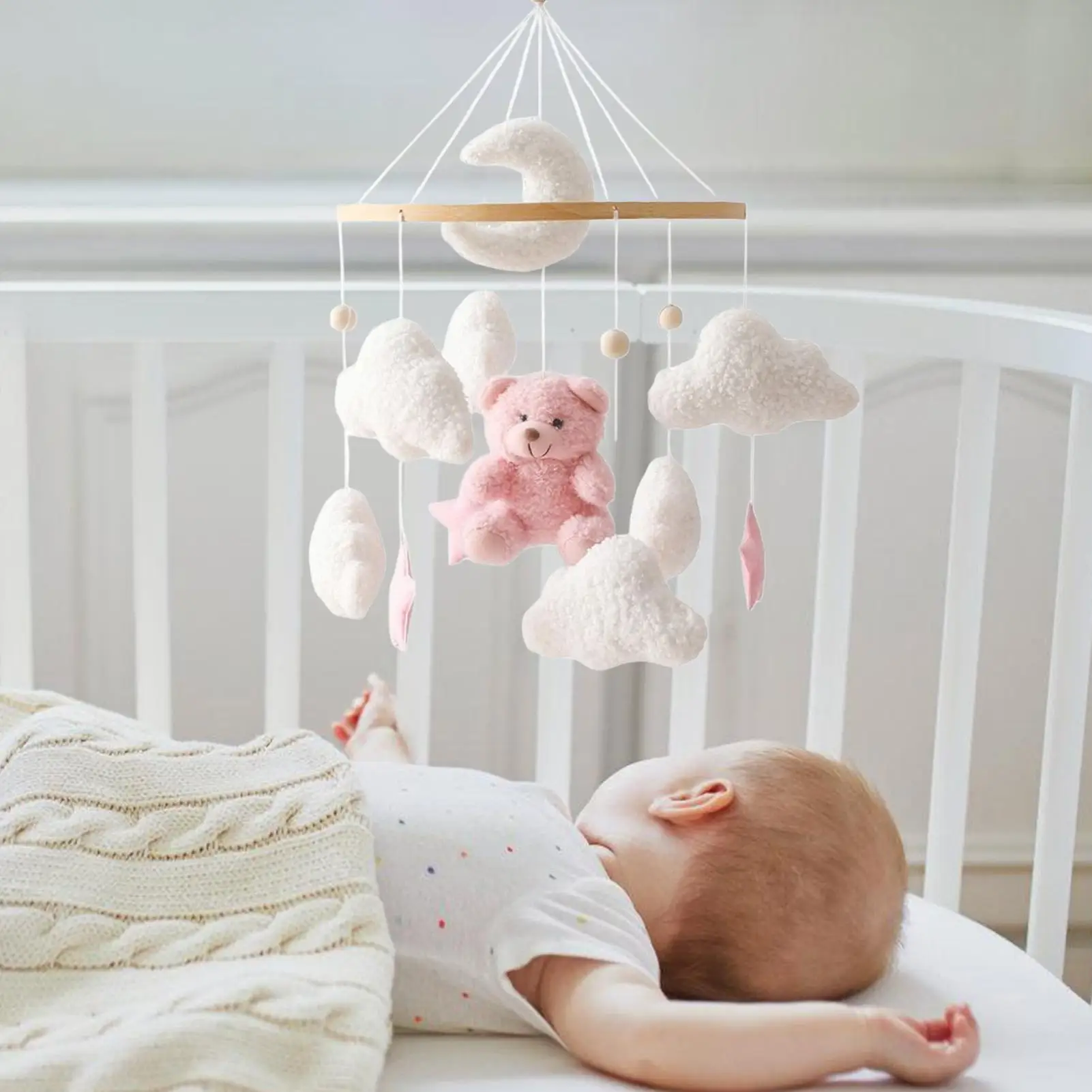 Crib Mobile Baby Bed Bell Rattle Toy Bear Cloud Star Baby Crib Mobile Hangable Soother with Rotation Cartoon Bear Mobile Hanging