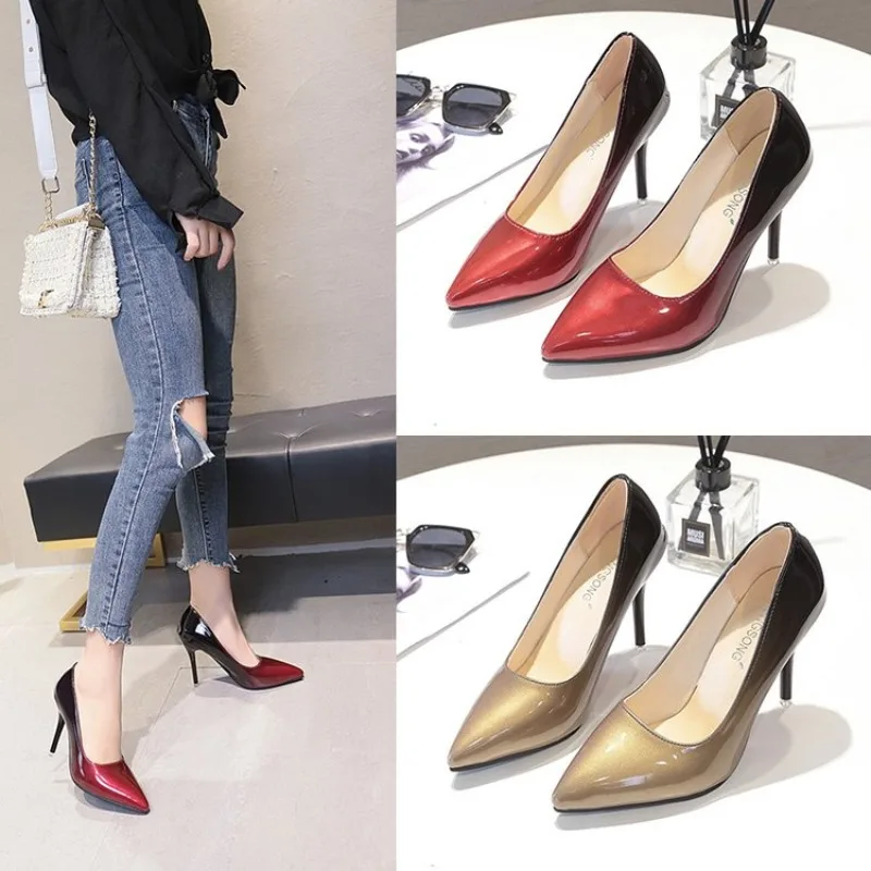 Plus Size 34-43 Hot Women Shoes Pointed Toe Pumps Patent Leather Dress High Heels Boat Wedding Zapatos Mujer Blue Wine Red